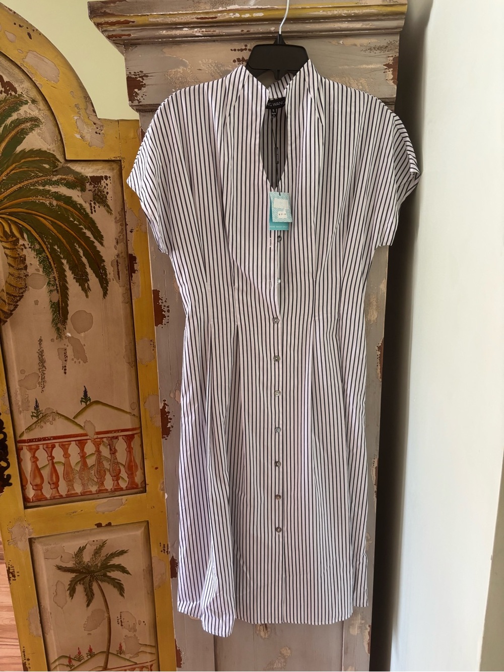 Ming Wang White Dress with Black Pinstripes